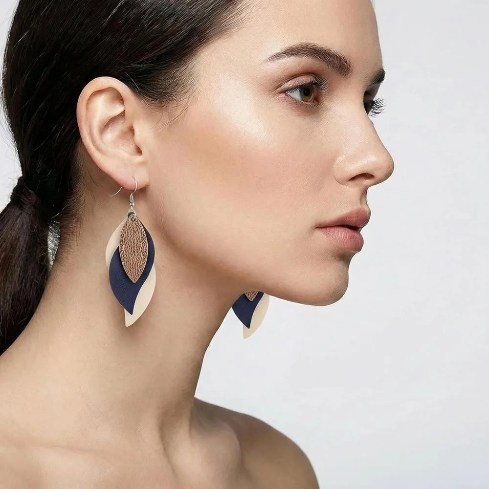 Layered Faux Leather Lightweight Boho Dangle Drop Leaf Earrings